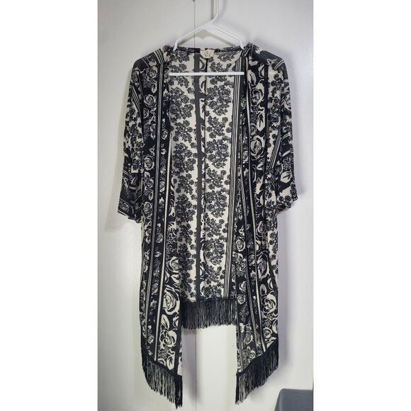 Ember Sweaters - EMBER Women's LG Open Front Cardigan Cover Up Fringe Floral Black Cream Boho